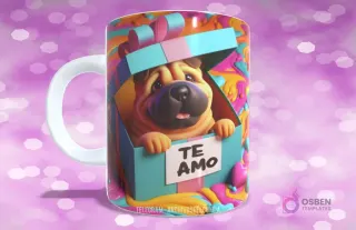 Taza sublimada con perrito Shar Pei sonriente en caja de regalo con lazo azul y 'TE AMO'
