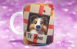 Taza con diseño de perrito Collie/Sheltie en caja de regalo con lazo rojo y 'TE AMO'