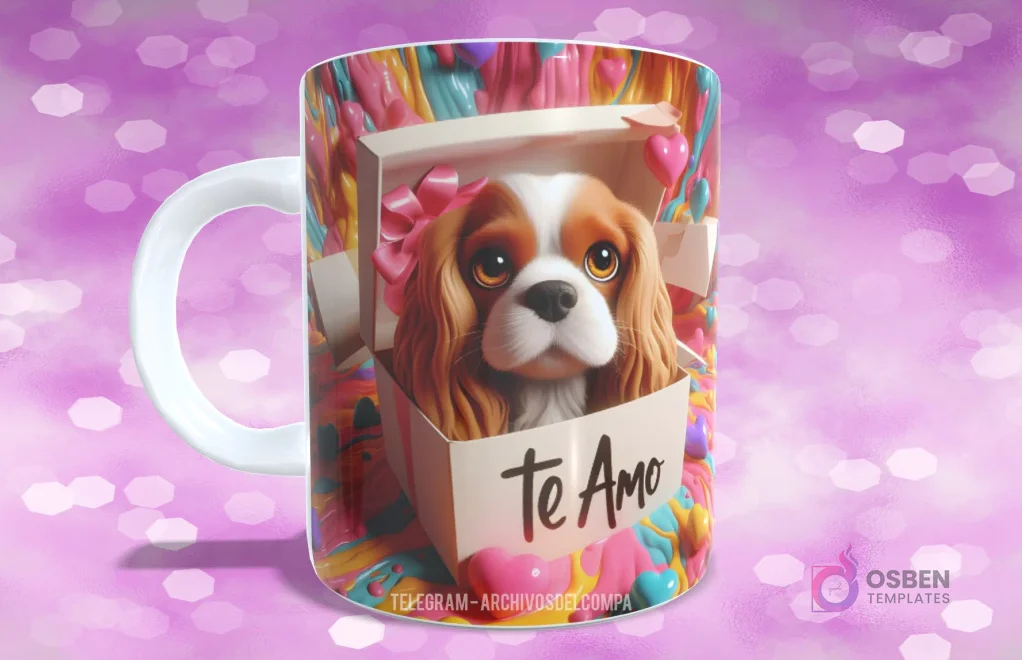 Taza sublimada con perrito Cavalier King Charles Spaniel con lazo rosa en caja de regalo y 'TE AMO'