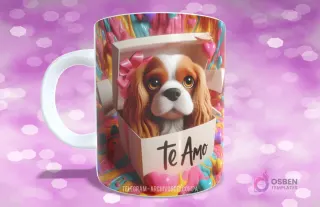 Taza sublimada con perrito Cavalier King Charles Spaniel con lazo rosa en caja de regalo y 'TE AMO'