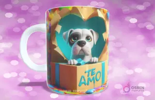 Taza con diseño de perrito Boxer blanco y negro en caja de regalo con corazones y 'TE AMO'
