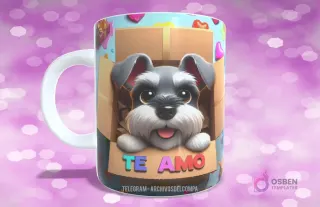 Taza sublimada con perrito Schnauzer juguetón en caja de regalo con corazones de colores y 'TE AMO'