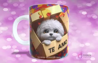 Taza con diseño de perrito Maltés o Havanese blanco con ojos grandes en caja de regalo y 'TE AMO'