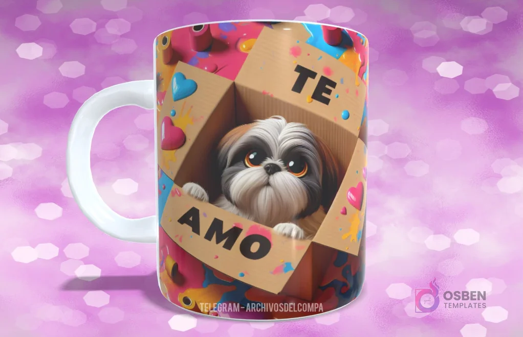 Taza sublimada con perrito Shih Tzu blanco y negro con ojos tiernos asomándose de caja de regalo con 'TE AMO'