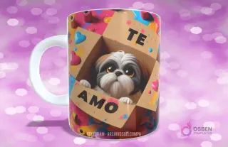 Taza sublimada con perrito Shih Tzu blanco y negro con ojos tiernos asomándose de caja de regalo con 'TE AMO'