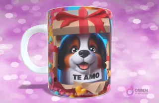 Taza con diseño de perrito Bernese Mountain Dog/St. Bernard en caja de regalo con lazo rojo y 'TE AMO'