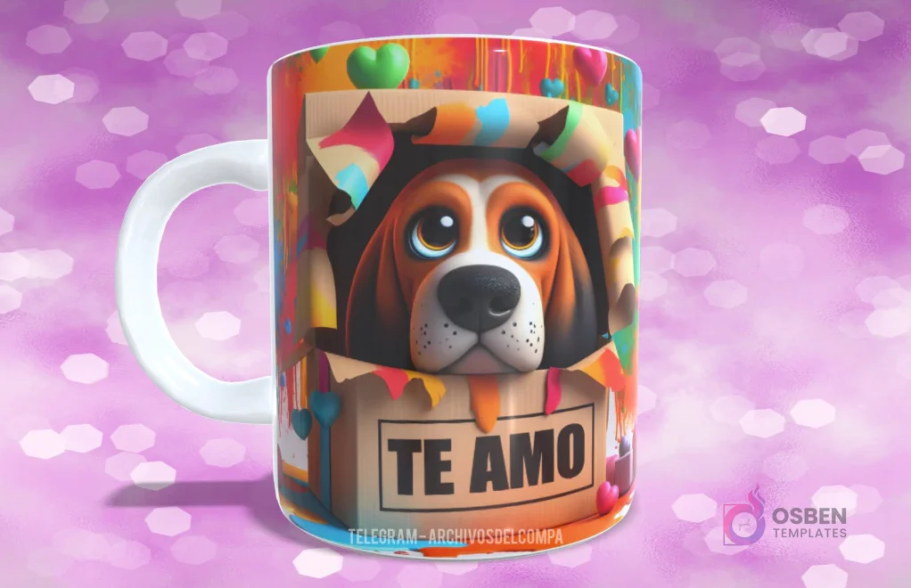 Taza sublimada con perrito Basset Hound de ojos grandes en caja de regalo con lazo azul y 'TE AMO'