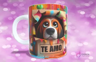 Taza sublimada con perrito Basset Hound de ojos grandes en caja de regalo con lazo azul y 'TE AMO'