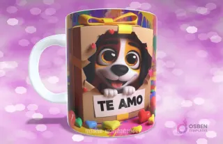 Taza con diseño de perrito Beagle sonriente en caja de regalo con lazo amarillo y 'TE AMO'