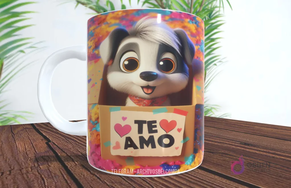 Taza con diseño de perrito blanco y negro con pañuelo en el cuello en caja de regalo y 'TE AMO'