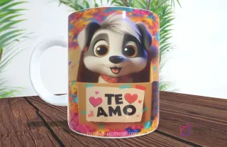 Taza con diseño de perrito blanco y negro con pañuelo en el cuello en caja de regalo y 'TE AMO'