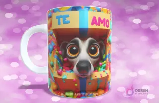 Taza sublimada con perrito blanco y negro de ojos saltones en caja de regalo rasgada con 'TE AMO'