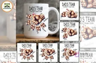 Mug de sublimación 'Dad's Team' con diseño de cinco puños y nombres, rodeado de una cuadrícula de diferentes variaciones de plantillas de puños para tazas del Día del Padre.
