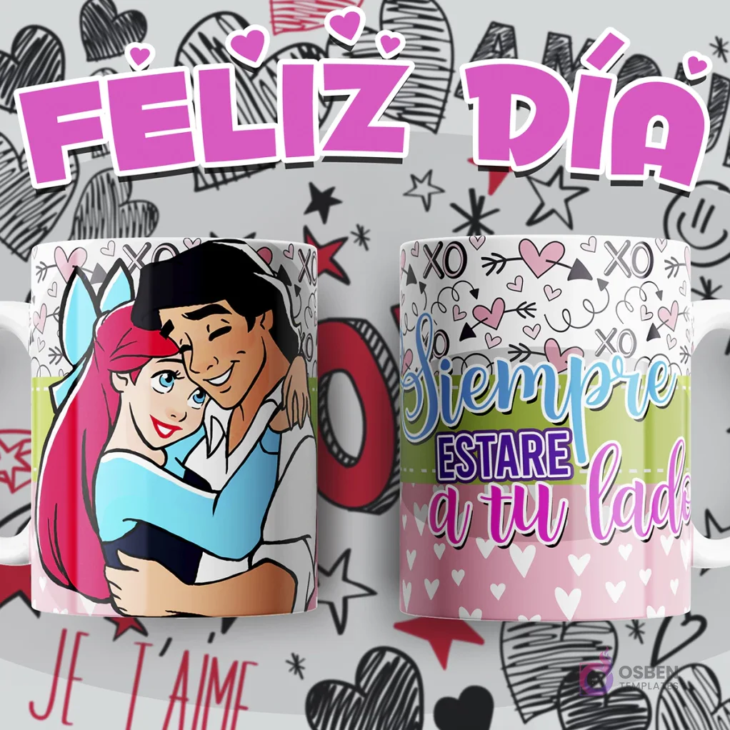 Tazas personalizadas con diseño de Ariel y Príncipe Eric para sublimación con mensaje 'Siempre estaré a tu lado'.