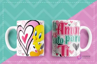 Taza de sublimación con diseño de Piolín y corazones, mensaje 'Mi amor es solo para ti'.