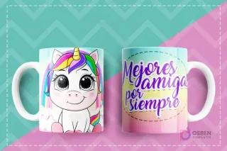 Taza con diseño de unicornio tierno y mensaje 'Mejores amigas por siempre', ideal para sublimar.