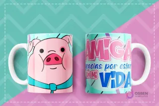 Taza con diseño de Waddles de Gravity Falls y la frase 'Amiga gracias por estar en mi vida'.