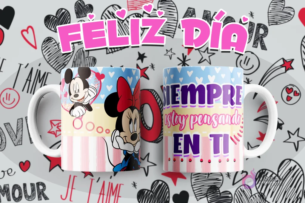 Tazas sublimadas con Mickey y Minnie Mouse, mensaje romántico 'Siempre estoy pensando en ti'.