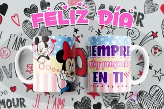 Tazas sublimadas con Mickey y Minnie Mouse, mensaje romántico 'Siempre estoy pensando en ti'.