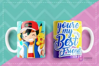 Taza de sublimación con diseño de Ash y Pikachu de Pokémon y la frase 'You're my Best Friends'.