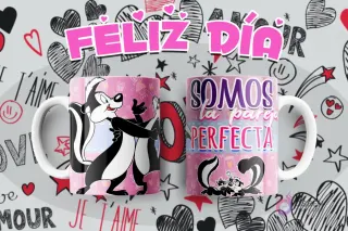 Tazas con diseño de Pepe Le Pew y Penelope Pussycat, mensaje 'Somos la pareja perfecta' para sublimar.