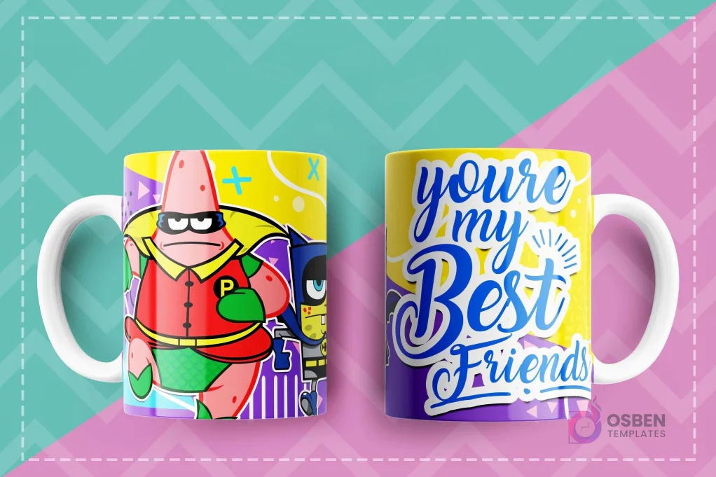 Taza de sublimación con Patricio Estrella como Robin y Batman, frase 'You're my Best Friends'.
