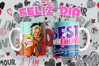 Taza sublimada con Pedro Picapiedra y Pablo Mármol de Los Picapiedra, frase 'Best friends forever'.
