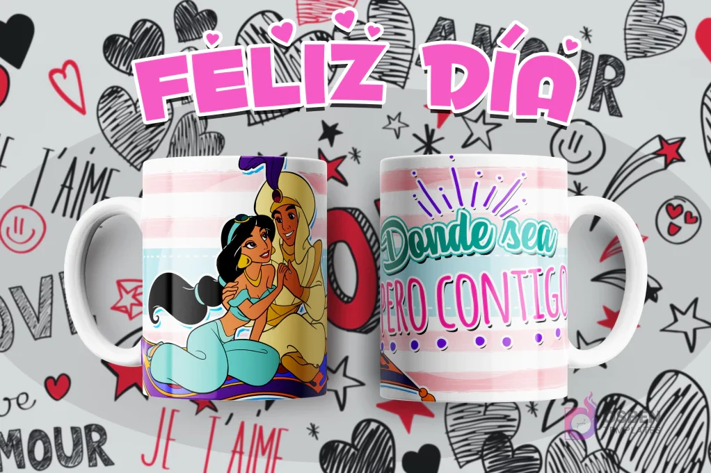 Tazas personalizadas con diseño de Aladdín y Jazmín, mensaje romántico 'Donde sea pero contigo'.