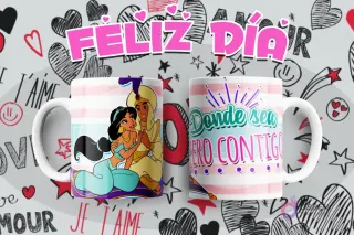 Tazas personalizadas con diseño de Aladdín y Jazmín, mensaje romántico 'Donde sea pero contigo'.