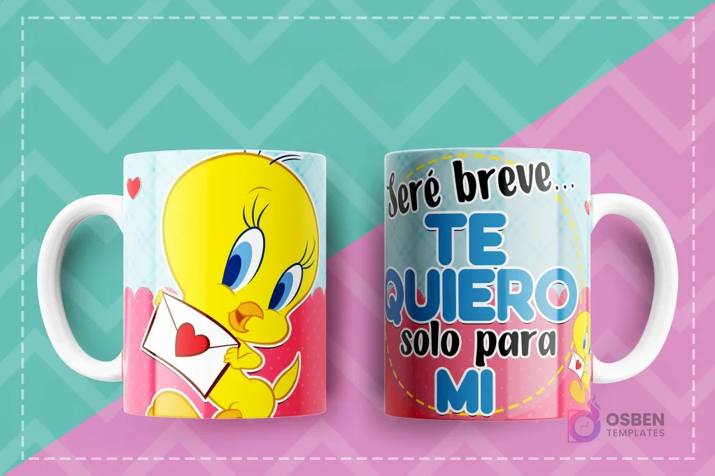 Taza con diseño de Piolín con carta de amor y frase 'TE QUIERO solo para mí' para sublimar.