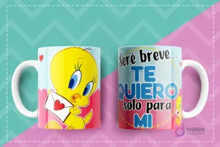 Taza con diseño de Piolín con carta de amor y frase 'TE QUIERO solo para mí' para sublimar.
