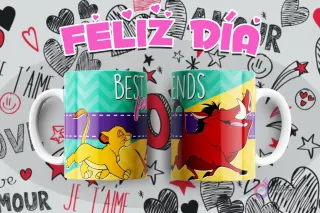 Taza sublimada con Simba y Pumbaa de El Rey León, frase 'Best friends forever'.