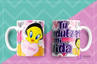 Taza con diseño de Piolín sosteniendo un 'Te amo' y frase 'Tú endulzas mi vida'.