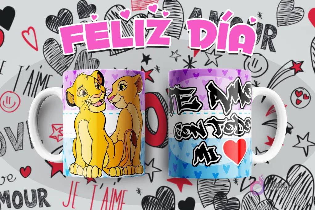 Taza con diseño de Simba y Nala de El Rey León, mensaje 'Te amo con todo mi corazón'.