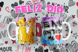 Taza con diseño de Simba y Nala de El Rey León, mensaje 'Te amo con todo mi corazón'.