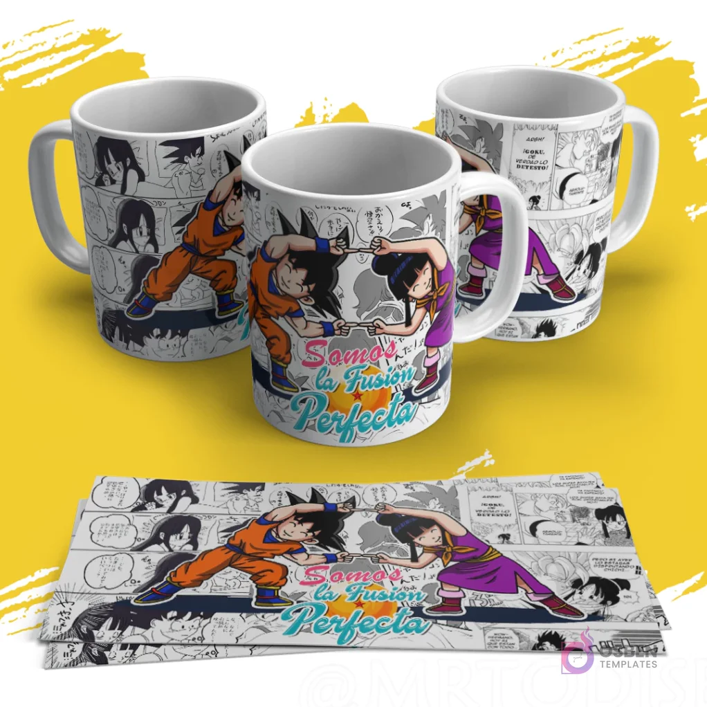 Diseño de sublimación para tazas con Goku y Chi-Chi de Dragon Ball haciendo la fusión, sobre un fondo de viñetas de cómic, con la frase 'Somos la Fusión Perfecta'.
