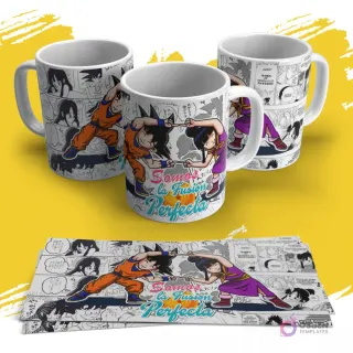 Diseño de sublimación para tazas con Goku y Chi-Chi de Dragon Ball haciendo la fusión, sobre un fondo de viñetas de cómic, con la frase 'Somos la Fusión Perfecta'.