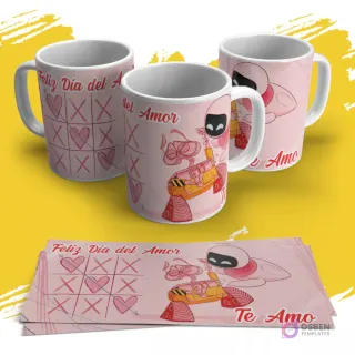 Diseño de sublimación para tazas con Wall-E y Eve de Pixar, junto a un juego de tres en raya con corazones y la frase 'Feliz Día del Amor', en tonos rosados.
