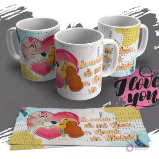 Diseño de sublimación para tazas con La Dama y el Vagabundo dándose un beso, con la cita 'La medida de mi amor es amarte sin medida', en un estilo artístico acuarela.