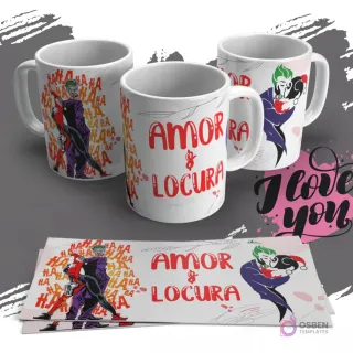 Diseño de sublimación para tazas con El Joker y Harley Quinn bailando, junto a la frase 'Amor & Locura', sobre un fondo con patrones 'Ha Ha Ha'.