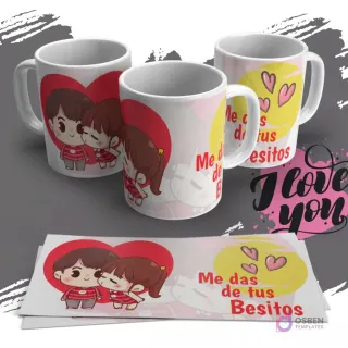 Diseño de sublimación para tazas con una pareja chibi, donde el chico besa la mejilla de la chica, acompañado de la frase 'Me das de tus Besitos' y corazones.