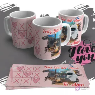 Diseño de sublimación para tazas con Wall-E de Pixar y la frase 'Feliz Día del Amor Te Amo', con un fondo de juego de tres en raya con corazones y manchas abstractas rosadas.