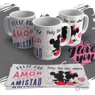 Diseño de sublimación para tazas con Mickey y Minnie Mouse dándose la mano y un corazón, con la frase 'Feliz Día del Amor y la Amistad' sobre un fondo de texto repetido.