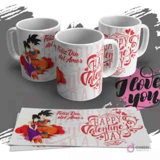 Diseño de sublimación para tazas con Goku y Chi-Chi de Dragon Ball sentados en la Nube Voladora, con la frase 'Feliz Día del Amor Happy Valentine's Day' en caligrafía.