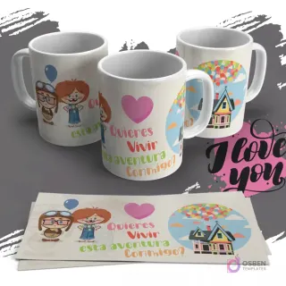 Diseño de sublimación para tazas con Carl y Ellie de UP (Pixar) de niños y la casa flotando con globos, junto a la pregunta 'Quieres Vivir esta Aventura Conmigo?'.