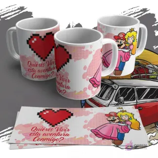 Diseño de sublimación para tazas con Mario sosteniendo a Peach de Nintendo, un corazón pixelado y la pregunta 'Quieres Vivir esta Aventura Conmigo?', en un estilo retro.