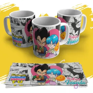 Diseño de sublimación para tazas con versiones chibi de Vegeta y Bulma de Dragon Ball, con un corazón rosa de fondo y la frase 'Te Amo Insecta'.