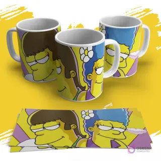 Diseño de sublimación para tazas con Homer y Marge Simpson estilizados en un fondo amarillo y violeta, mostrando tres maquetas de tazas y la plantilla lista para imprimir.