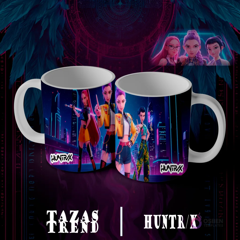 Dos tazas blancas con diseño de sublimación Huntrix Demon Hunter N°7, presentando cuatro personajes femeninos animados en poses de acción dinámicas con armas futuristas, sobre un fondo de ciudad nocturna.
