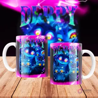 Dos tazas blancas sublimadas con diseño de criaturas azules monstruosas y la palabra 'DERPY' en letras neón fucsia, sobre fondo oscuro con rayos morados.